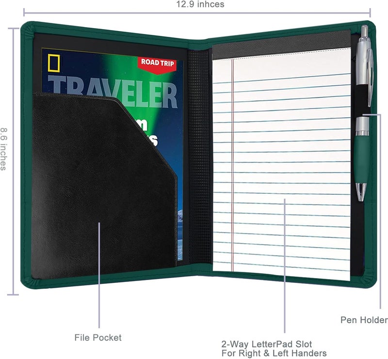 Konper Classic Padfolio/Junior Portfolio Folder Case, Business A5 Binder Organizer Notepad for Men Women, 5 x 8 Writing Pad Included,Dark Green - Image 3